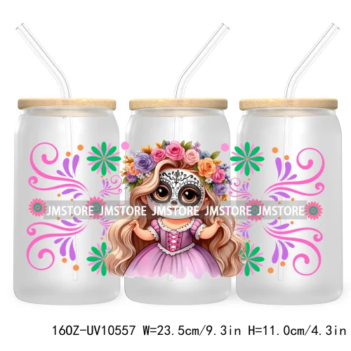 Dia De Los Muertos Mexican UV DTF Sticker For 16OZ Libbey Glass Cup Can Wrap Transfer Stickers Hispanic Halloween Sugar Skulls