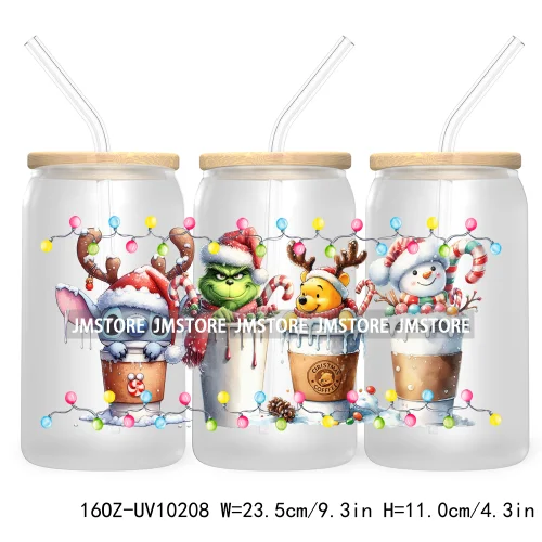 Christmas Lights Cartoon Coffee Cups 16OZ UV DTF Cup Wrap Transfer Stickers Custom Labels Waterproof Logo For Libbey Glass Can