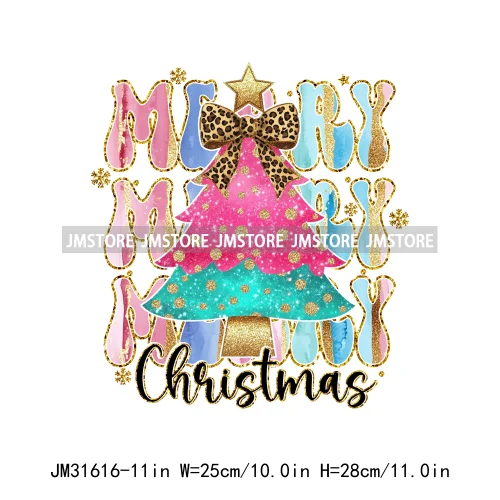 Merry And Bright Christmas Faux Gold Giltter Coquette Tree Gifts Girly Iron On DTF Transfer Stickers Ready To Press For Clothing