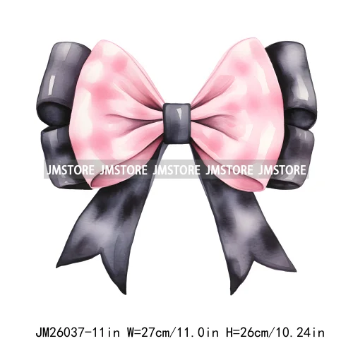 Trendy New Girl Pink Black Polka Dots Ribbons Coquette Bows Washable DTF Iron On Transfer Stickers Ready To Press For Clothing