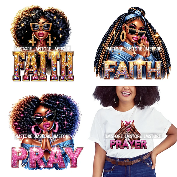 Christian Bible Urban Praying Afro Girls Jesus Faith God Love Cross Iron On DTF Transfer Stickers Ready To Press For Hoodies Bag