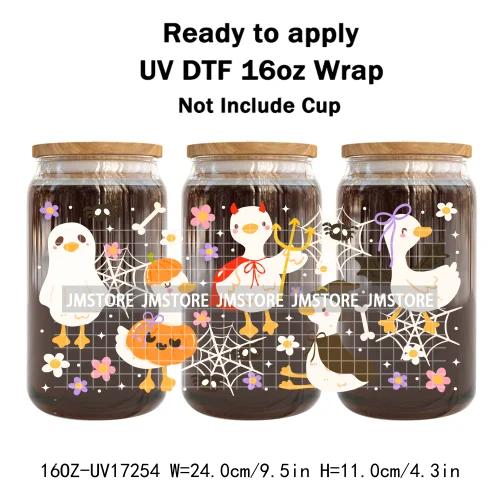 Floral Ghost Coquette Halloween Cherry Lip 16OZ UV DTF Cup Wraps Ready To Apply Waterproof Transfer Sticker For Libbey Glass Can
