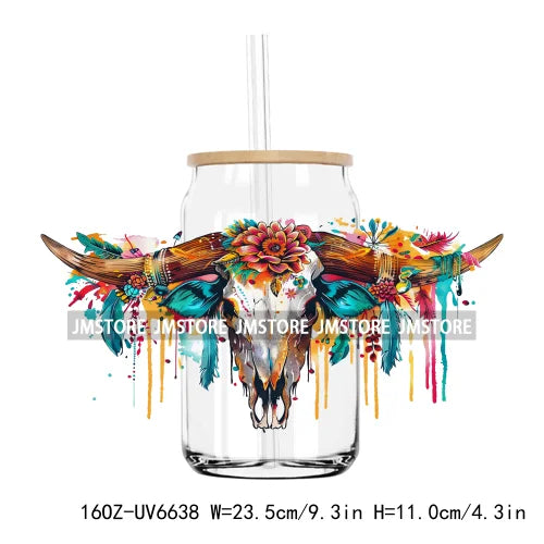 Boho Western Country Cowboy Skull Vibes UV DTF Sticker For 16OZ Libbey Glass Cup Can Wrap Transfer Sticker Custom Label DIY Logo