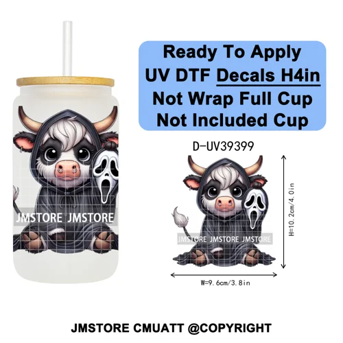 Highland Cow Horror Character Coquette Pumpkin UV DTF Decals Ready To Apply Durable Transfer Stickers For 16OZ Libbey Glass Can