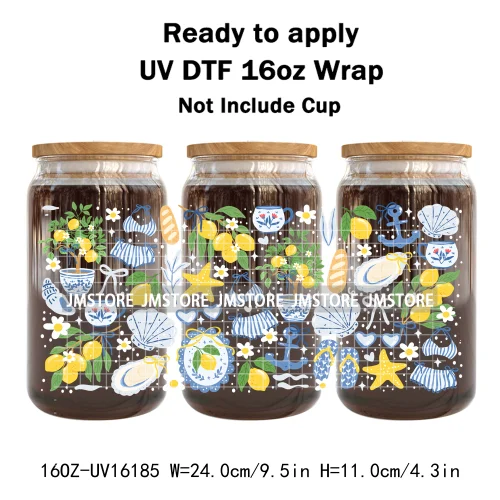 Preppy Lemon Summer Girly Beach Bookish UV DTF Wraps Transfer Sticker Custom Waterproof Logo For 16OZ Libbey Glass Can Tumbler