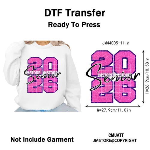 Faux Glitter Senior Class of 2026 High School Graduate Reunion Iron on Washable DTF Transfer Stickers Ready to Press for Clothes