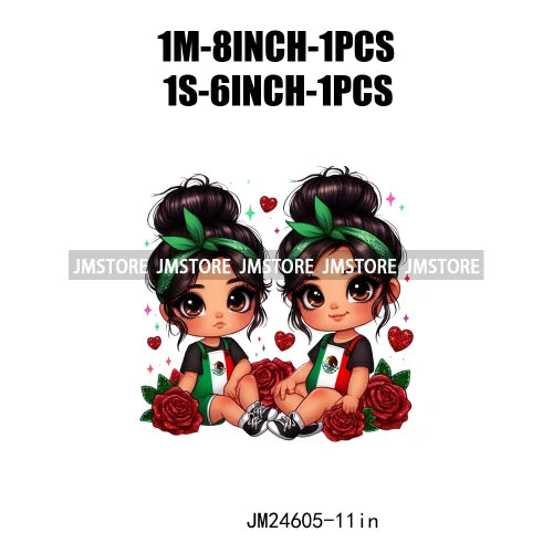 Cute Chibi Mexican Girl Designs Hispanic Red Rose Green Coquette Bow Latina Princess Iron On DTF Transfers Stickers For T-shirts