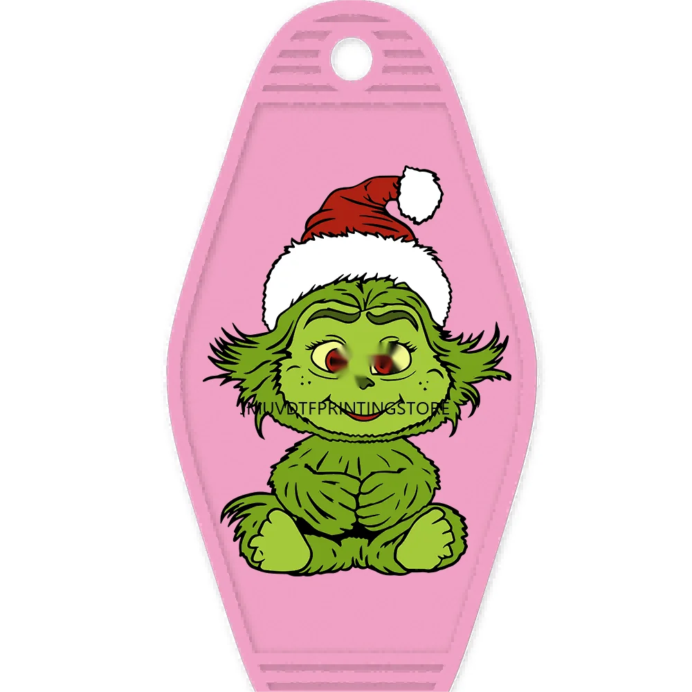 Christmas Cute Baby Green Guy With Santa Hat Gifts High Quality WaterProof UV DTF Sticker For Motel Hotel Keychain