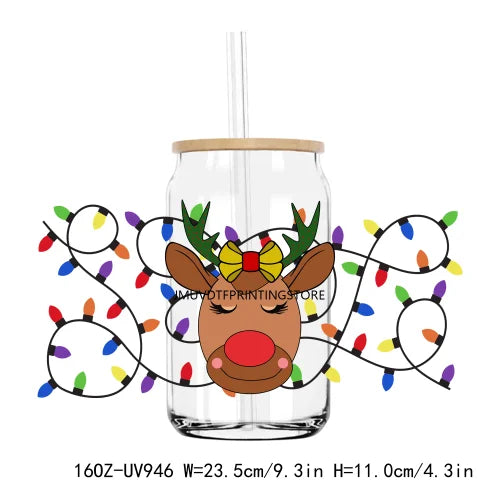 Merry Christmas Lights Vibes 16OZ UV DTF Cup Wrap Transfers Stickers Custom Labels DIY  Waterproof Logo For Libbey Glass Can