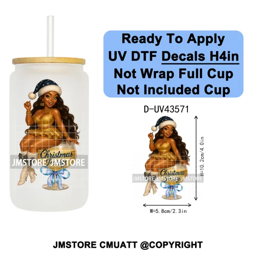 Fashion Black Girl Christmas Party UV DTF Cup Decals Ready To Apply Transfer Stickers Durable Custom Prints For Libbey Glass Can