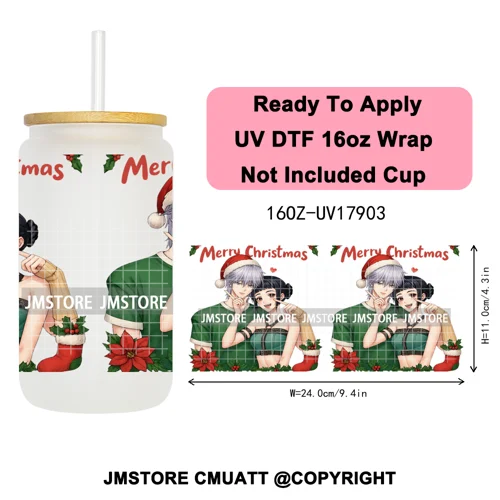 Merry Christmas Kpop Movie Character Anime Girl UV DTF Stickers Ready To Apply Cup Wrap High Quality For 16OZ Libbey Can Glass