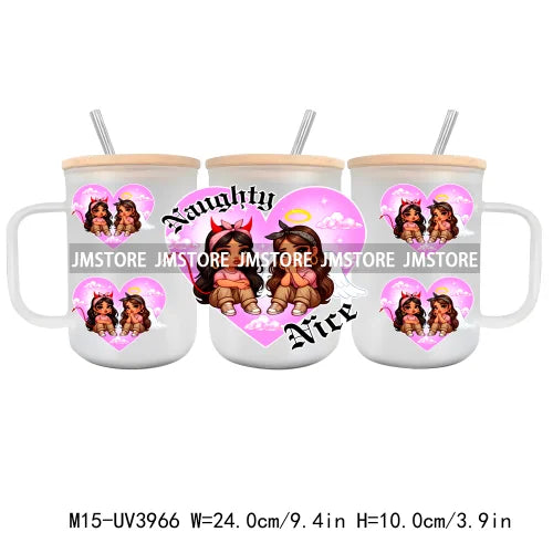 Cartoon Chicano Girls Rose UV DTF Glass Can Wrap For 15OZ Mug Coffee Cup Transfer Sticker DIY Custom Logo Labels Mexican Culture