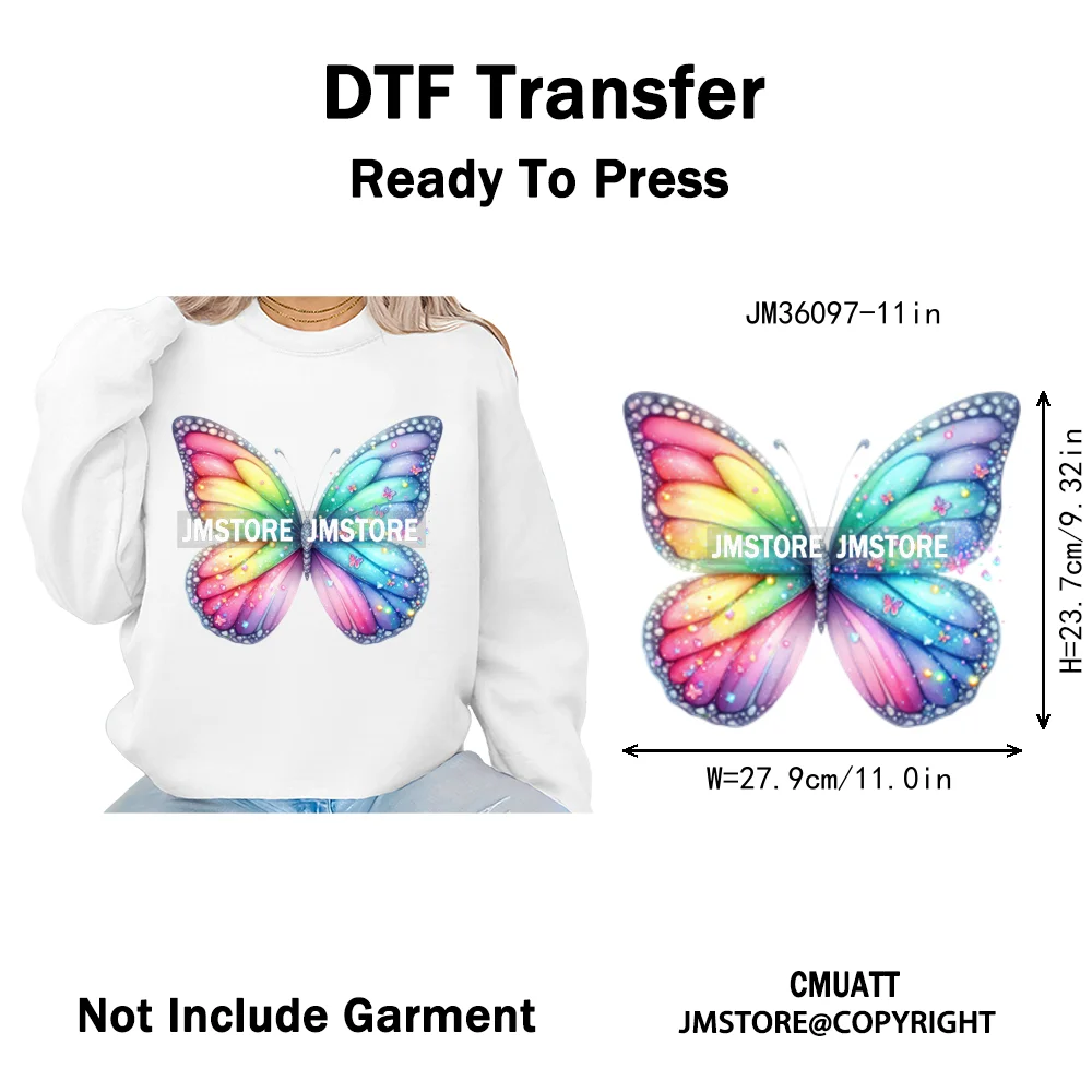 Colorful Sparkling Rainbow Butterflies Flowers Lovers Washable Iron on DTF Transfers Stickers Diy Ready to Press for Clothes