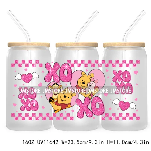 Cute Cartoon Couple XOXO Valentine's Day UV DTF Cup Wrap Transfer Stickers For 16OZ Libbey Glass Can Cupid Vibes Love Hearts