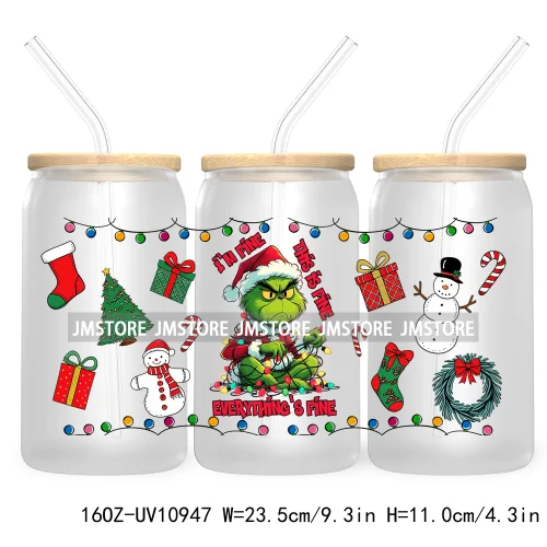 Green Guy Christmas Coquette Bow 16OZ UV DTF Cup Wrap Waterproof Transfer Stickers For Libbey Glass Can Christmas Movie Friends