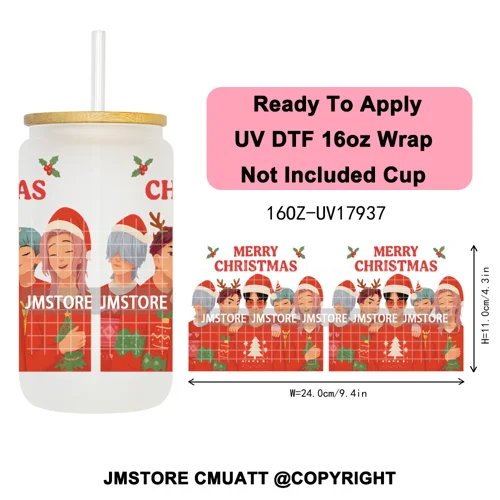 Kpop Demon Inspired Movie Christmas Santa Hat 16OZ UV DTF Cup Wrap Ready To Apply Durable Transfer Stickers For Libbey Glass Can
