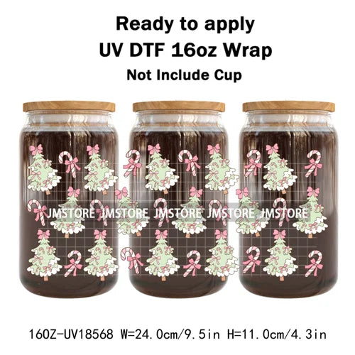 Preppy Christmas Candy Cane Xmas Tree UV DTF Cup Wrap Ready To Apply Transfer Stickers 16OZ Tumbler Wraps For Libbey Glass Can