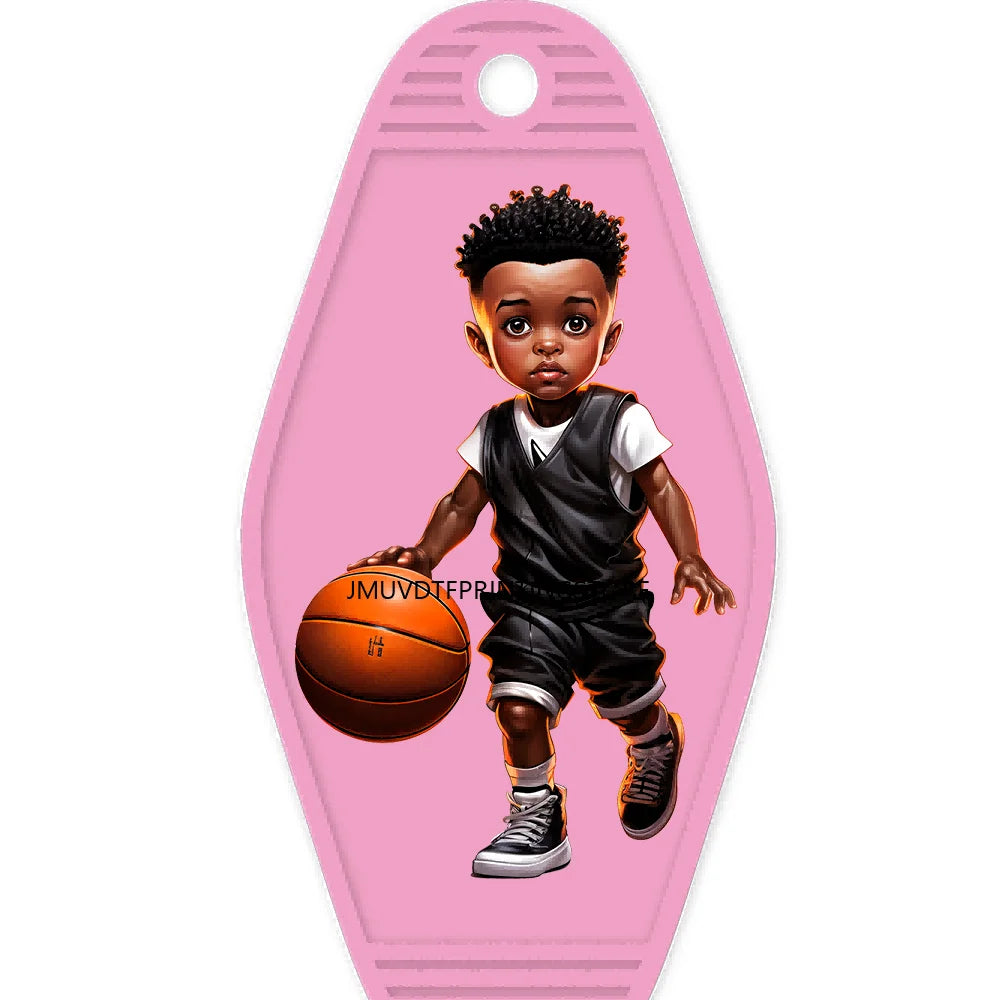 Sport Basketball Football School Black Boys High Quality WaterProof UV DTF Sticker For Motel Hotel Keychain