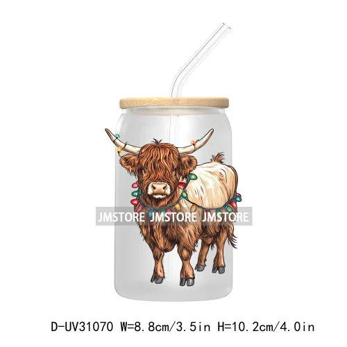 Howdy Highland Cow Christmas Cowboy Western Country Christmas UV DTF Transfer Stickers Decals For Libbey Cold Cups Mugs Tumbler