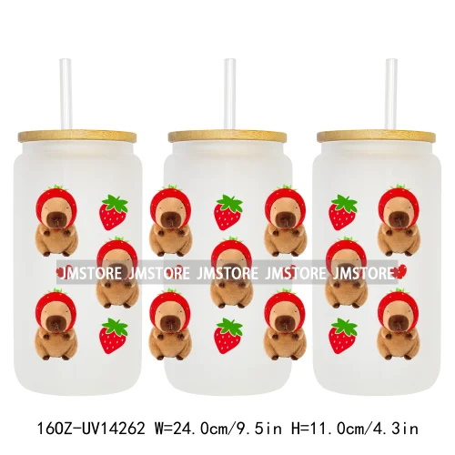 Cute Capybara Flower Heart UV DTF Wraps Transfer Sticker Selfadhesive Waterproof High Quality For 16OZ Libbey Glass Can Tumbler
