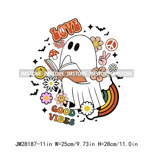 Diy Spooky Ghost Love Reading More Books Good Vibes Halloween Decals DTF Iron On Transfers Stickers Ready To Press For T-shirts