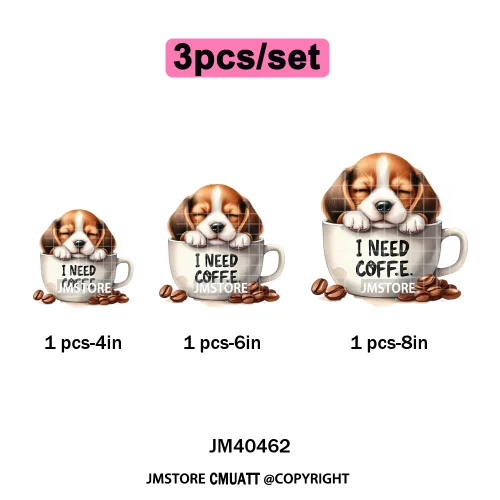 Funny Cartoon Pet Puppy Small Sleeping Cozy Coffee Dogs Lover Iron on DTF Washable Transfers Sticker Ready to Press for Clothing