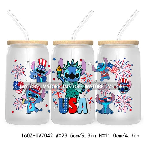 Happy 4TH Of July Cartoon Bear Friends 16OZ UV DTF Cup Wrap Transfer Stickers For Libbey Glass Can Cups Tumbler Waterproof Craft