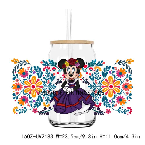 Mexican Culture Cartoon Princess 16OZ UV DTF Cup Wrap Transfers Stickers Custom Label DIY Waterproof Logo For Libbey Glass Can