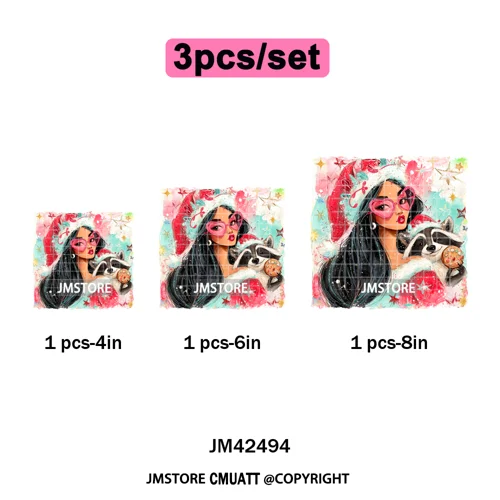 Glasses Cartoon Princess Animal Christmas Brushstroke Festive Vibes Iron on DTF Transfers Stickers Ready to Press for Hoodies