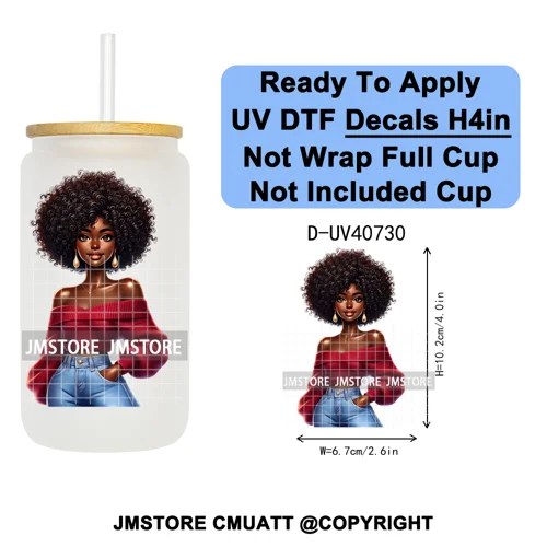 Big Hair Fashionable Black Girl UV DTF Decals Ready To Apply Waterproof Transfer Stickers DIY Crafts For 16OZ Libbey Glass Can