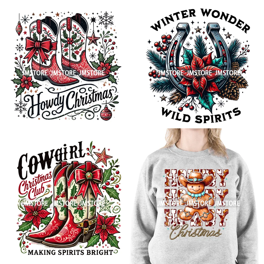 Funny Howdy Christmas Western Cowboy Highland Cow Gingerbread Boots Iron On DTF Transfers Stickers Ready To Press For T-shirts