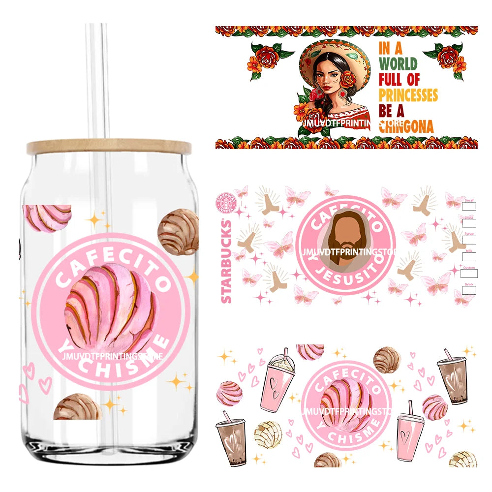 Cafecito Y Chisme Conchas UV DTF Sticker For 16OZ Libbey Glass Cup Can Wrap Transfer Sticker Custom Label DIY Logo  Meixcan Girl