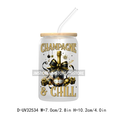 Coquette Bow New Year 2025 Champagne And Chill Party 16OZ UV Cup Wrap DTF Transfer Stickers For Libbey Glass Can Cup Tumbler