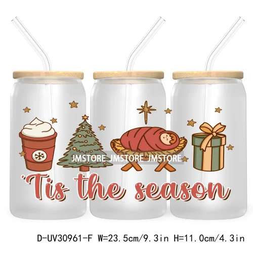 Merry Christmas Howdy Gingerbread 16OZ UV Cup Wrap DTF Transfer Stickers For Libbey Glass Can Cups Tumbler God Jesus Chris Xmas