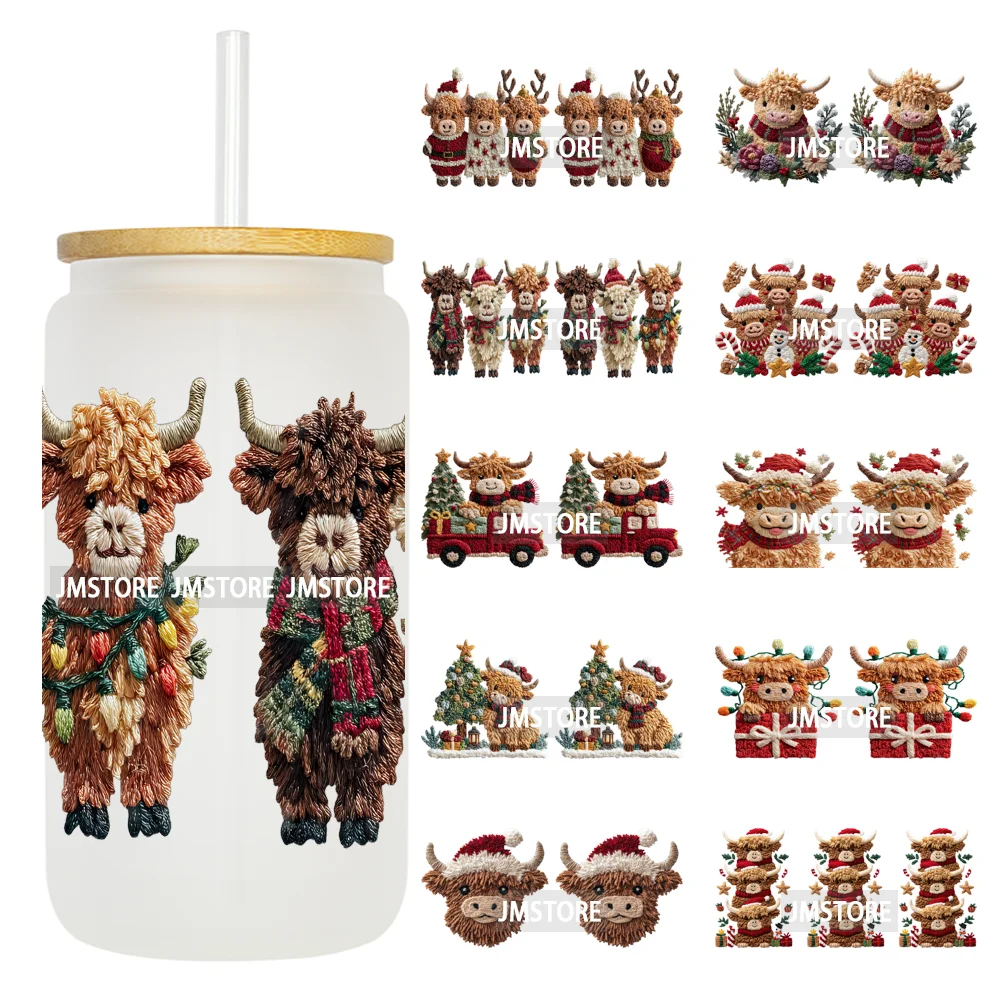 Faux Crochet Yarn Christmas Highland Cow 16OZ UV DTF Cup Wraps Ready To Apply Waterproof Transfer Stickers For Libbey Glass Can