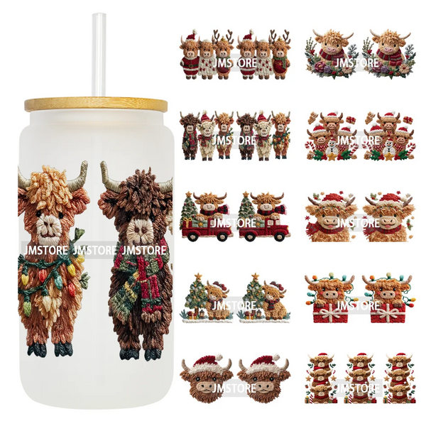 Faux Crochet Yarn Christmas Highland Cow 16OZ UV DTF Cup Wraps Ready To Apply Waterproof Transfer Stickers For Libbey Glass Can