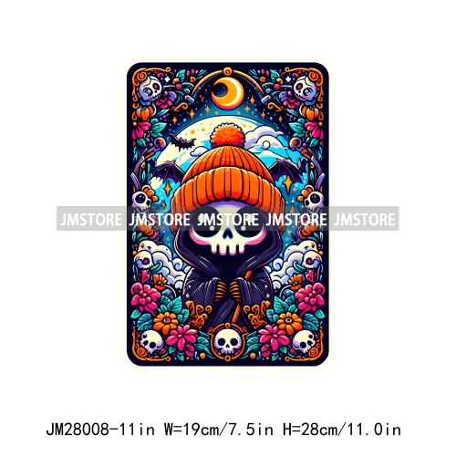 Spooky Halloween Tarot Card Pumpkin Skeleton Ghost Flower Iron On DTF Transfers Stickers Ready To Press For Sweatshirt Bags