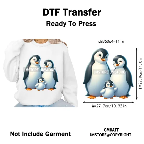 Cute Animal Penguins Coquette Hat Family Mom Father Baby Lovers Iron on DTF Heat Transfer Stickers Ready to Press for Hoodies