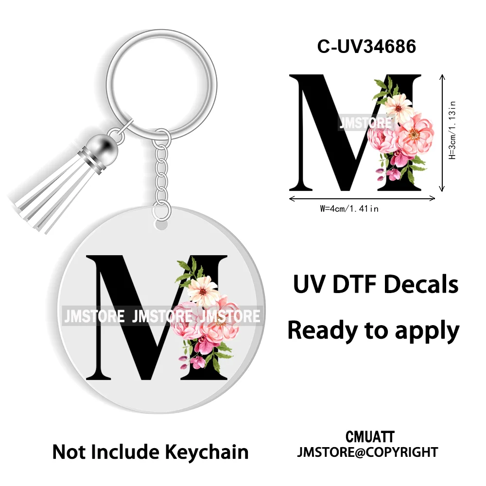 Floral Whole Entire Alphabet Flowers Black Letters Monogram WaterProof UV DTF Stickers For Round Circle Acrylic Keychain Keyring