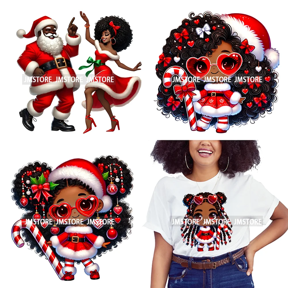 Fashion Black Santa Girls Candy Cane Afro Kids Christmas Season Iron On DTF Transfers Stickers Ready To Press For Sweatshirts