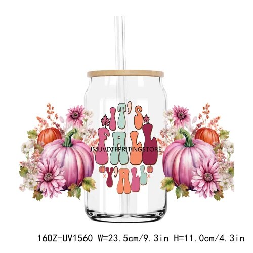 Fall Autumn Pumpkin Flower 16OZ UV DTF Cup Wrap Transfer Stickers Custom Labels DIY Durable Waterproof Logo For Libbey Glass Can