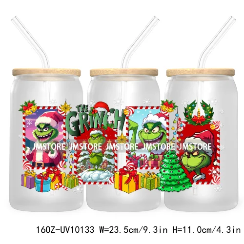 Christmas Coffee Cups Green Guy 16OZ UV Cup Wrap DTF Transfer Stickers For Libbey Glass Can Cup Tumbler Waterproof Label Cartoon