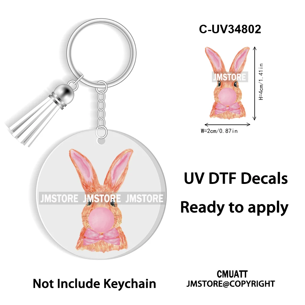 Faux Sequin Glitter Happy Easter Bow Retro Easter Bunny Blowing Bubble UV DTF Stickers for Round Circle Acrylic Keychain Keyring