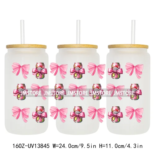 Soft Drink Pink Bow Coquette Strawberry UV DTF Wraps Transfer Sticker Selfadhesive Waterproof  For 16OZ Libbey Glass Can Tumbler