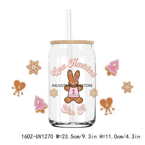 Christmas Santa Gingerbread 16OZ UV DTF Cup Wrap Transfer Sticker Custom Labels DIY Durable Waterproof Logo For Libbey Glass Can