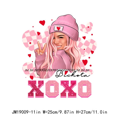 Fashion Pink Beautiful Girls Bichota XOXO Cupid Vibes Happy Valentines Day DTF Heat Transfer Stickers Ready To Press For Clothes