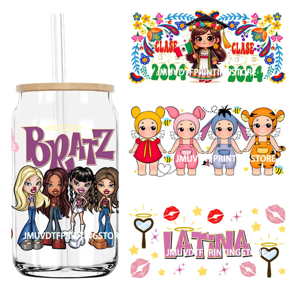 Latina Cartoon Girls UV DTF Sticker For 16OZ Libbey Glass Cup Can Wrap Transfers Stickers Custom Labels DIY Logo Mexican Snacks