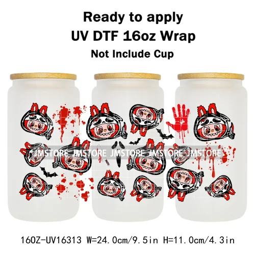 Laboo Horror Movie Characters Halloween 16OZ UV DTF Cup Wraps Ready To Apply Waterproof Transfer Stickers For Libbey Glass Can