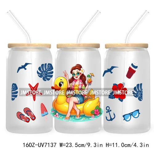 Cartoon Princess's Summer Vacation 16OZ UV DTF Cup Wrap Transfers Stickers For Libbey Glass Can Cups Tumbler Waterproof Craft