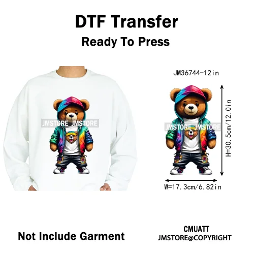 12in Cool Retro Urban Streetwear Graffiti Hip Hop Teddy Bear Iron On DTF Washable Transfers Stickers Ready to Press For Clothing